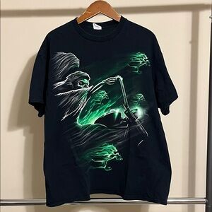 Vintage Black T-Shirt with Green Grim Reaper Design